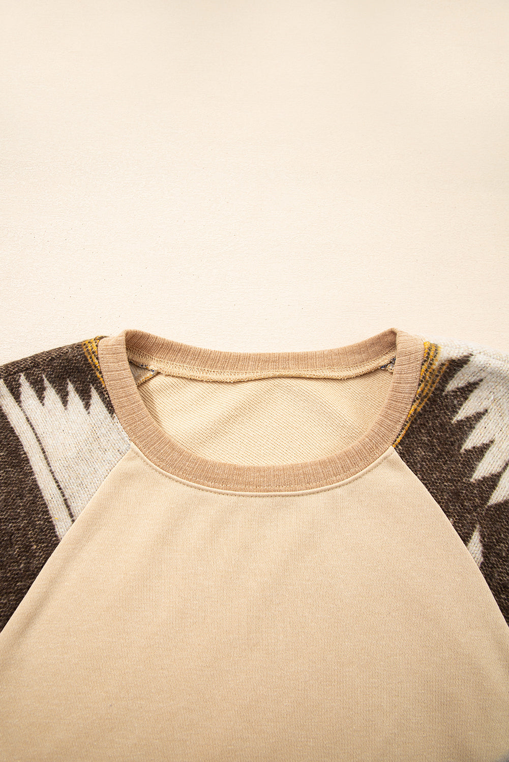 Light French Beige Aztec Patchwork Raglan Pullover Sweatshirt