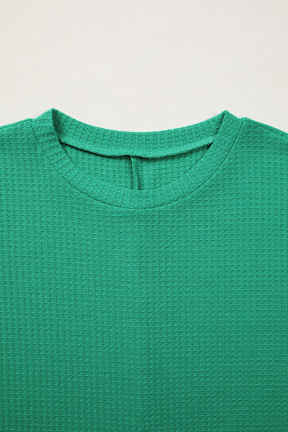 Sea Green Waffle Textured Knit Dolman Short Sleeve Loose Top