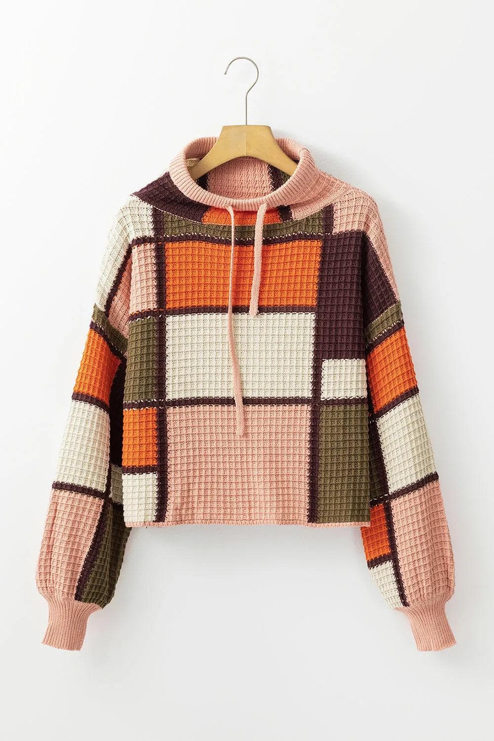 Sweaters & Cardigans/Sweaters Orange Color Block Waffle Knit Drawstring Mock Neck Sweater