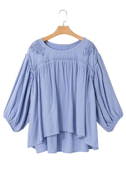 Beau Blue Plus Size Crochet Bracelet Sleeve Babydoll Blouse - Chic Meadow Boutique 