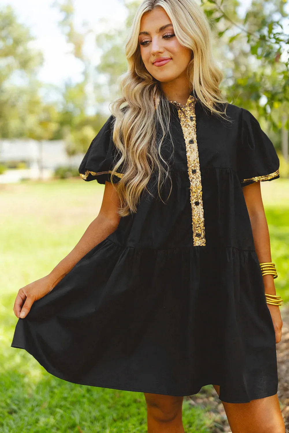 Black Sequin Trim Bubble Sleeve Game Day Shirt Dress - Chic Meadow Boutique 