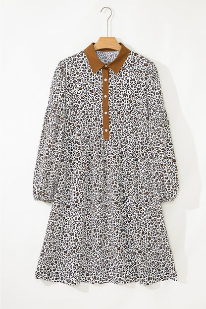 Khaki Plus Size Button V Neck Leopard Print Puff Sleeve Loose Mini Dress