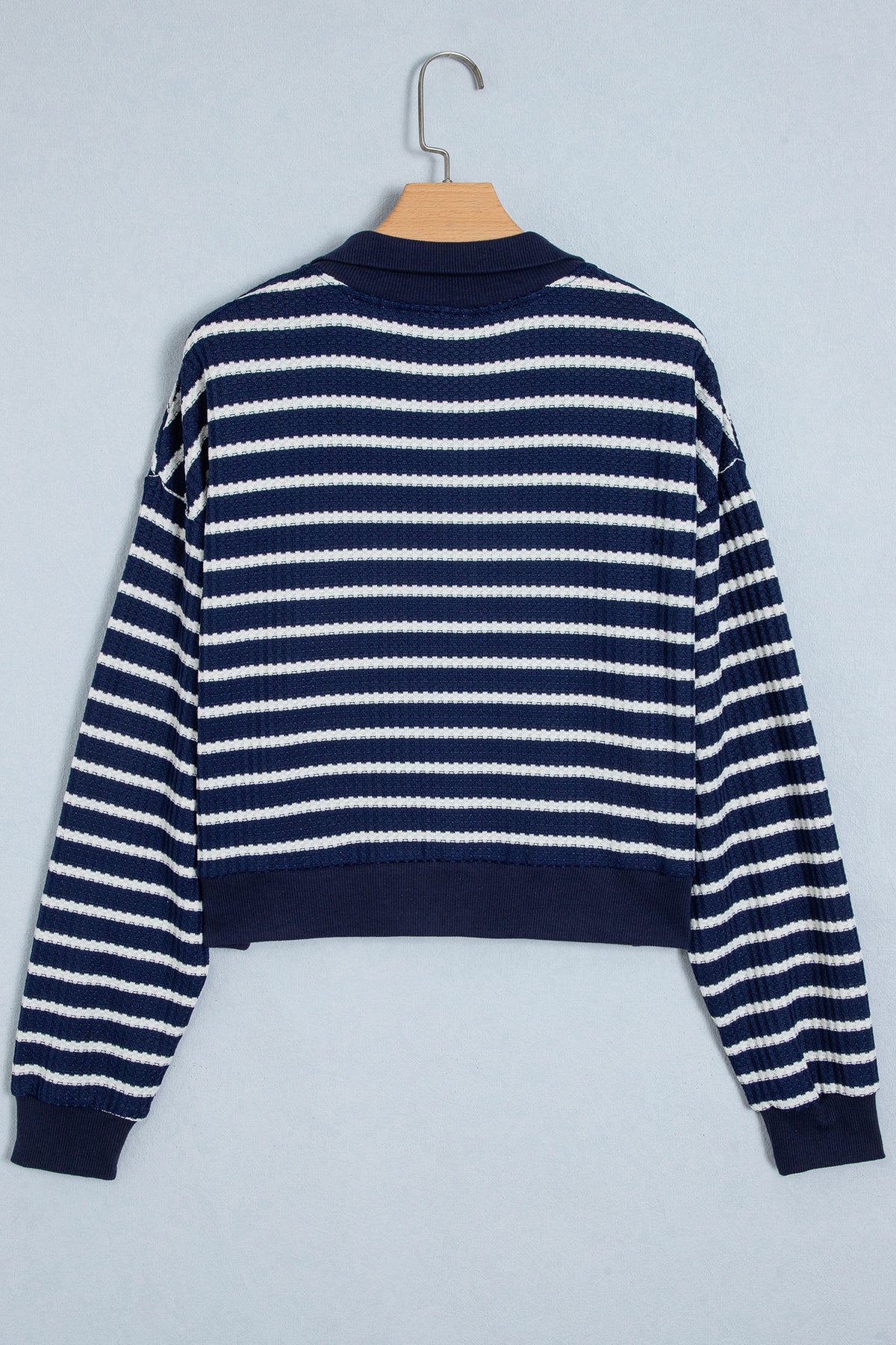 Blue Stripe Textured Knit Half Zip Collared Long Sleeve Top
