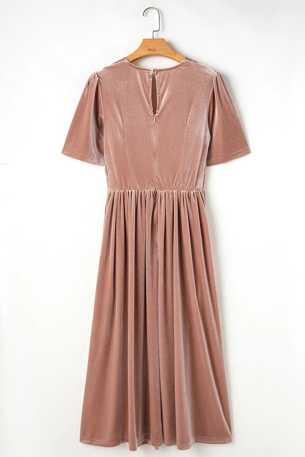 Chestnut Velvet Lacy V Neckline Short Sleeve Empire Waist Flowy Maxi Dress - Chic Meadow Boutique 