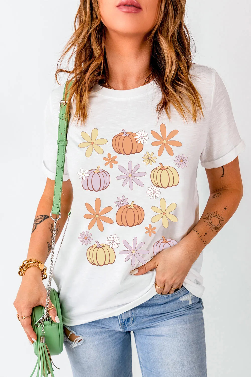 White Floral Pumpkin Graphic Crewneck Halloween T Shirt - Chic Meadow Boutique 