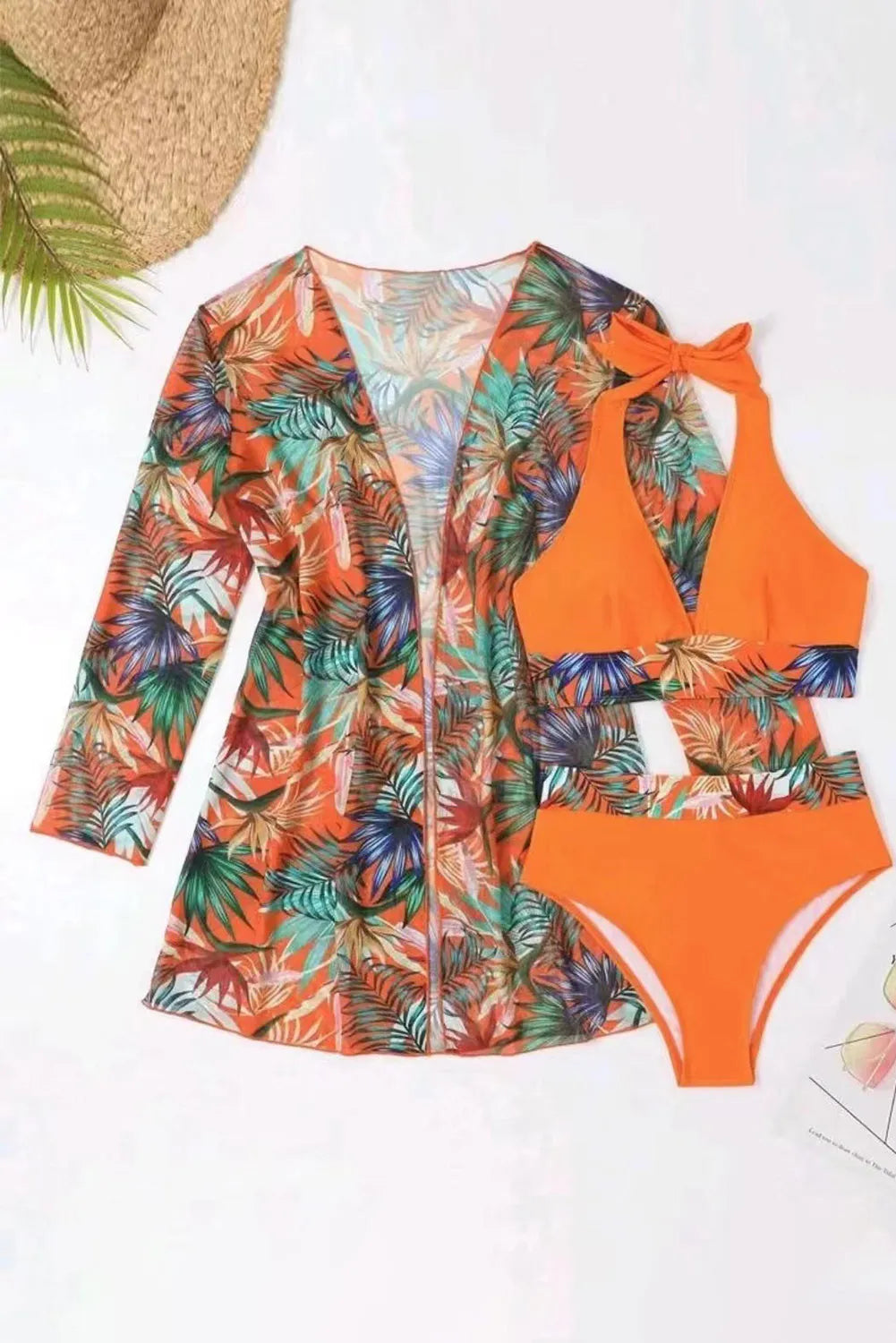 Carrot 3pcs Tropical Contrast Trim Halter Bikini Set with Cover up - Chic Meadow Boutique 