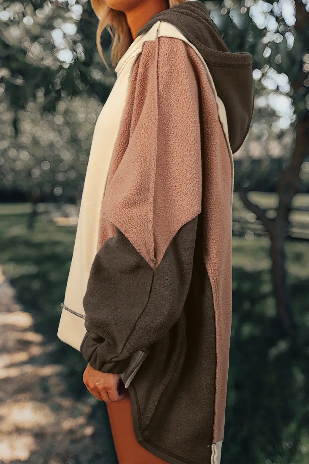 Beige Oversized Color Block Patchwork High Low Hoodie - Chic Meadow Boutique 