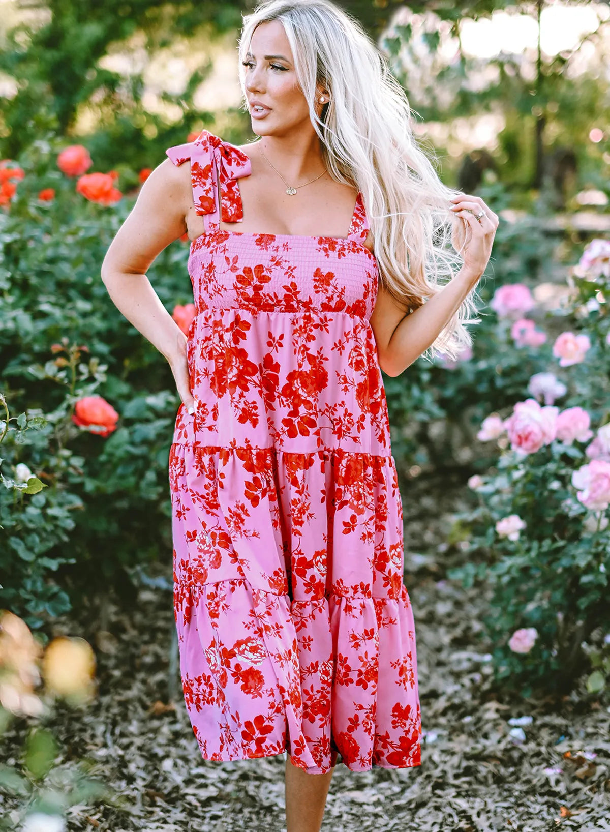 Pink Tie Shoulder Straps Tiered Floral Dress - Chic Meadow Boutique 