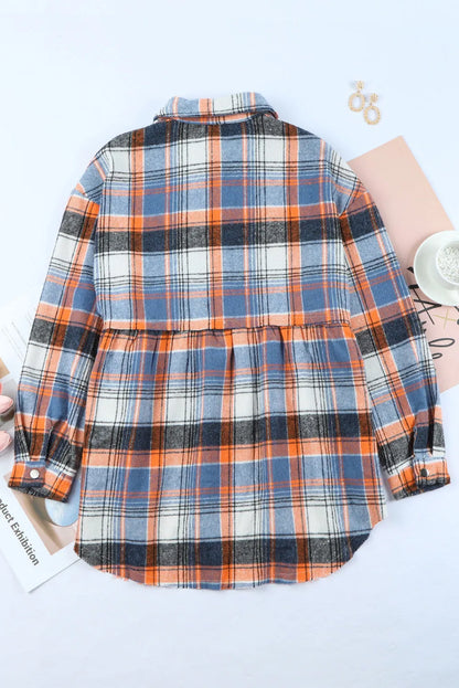 Outerwear/Plaid Shackets Multicolor Plaid Button Down Ruffled Shirt Jacket