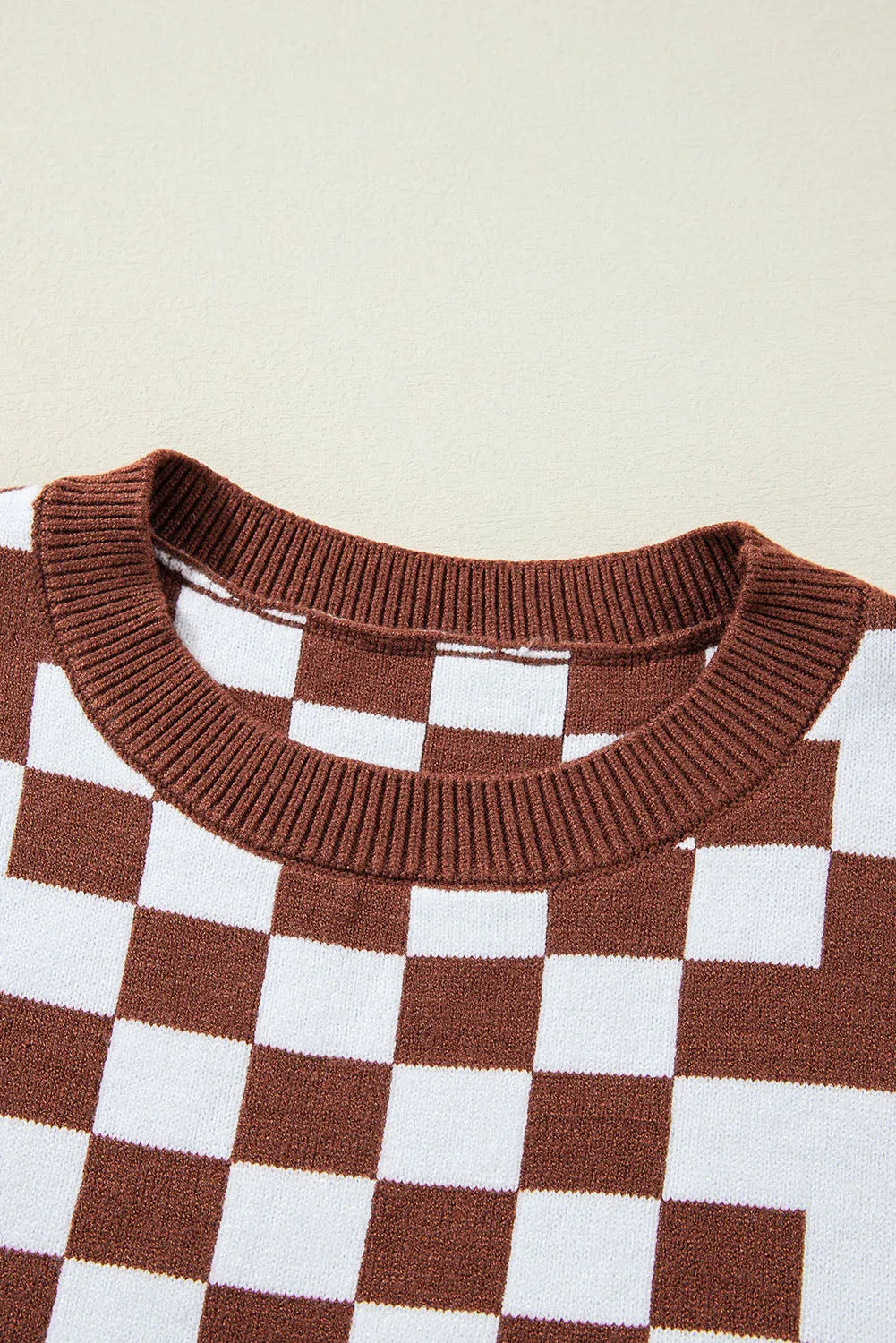 Brown Checkered Print Drop Shoulder Round Neck Sweater - Chic Meadow Boutique 