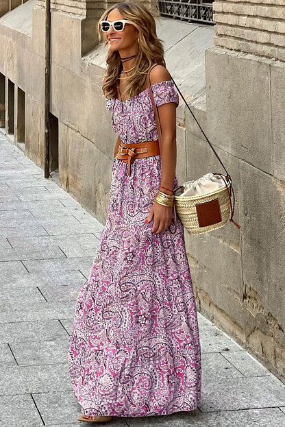 Pink Boho Paisley Print Off Shoulder Maxi Dress - Chic Meadow Boutique 