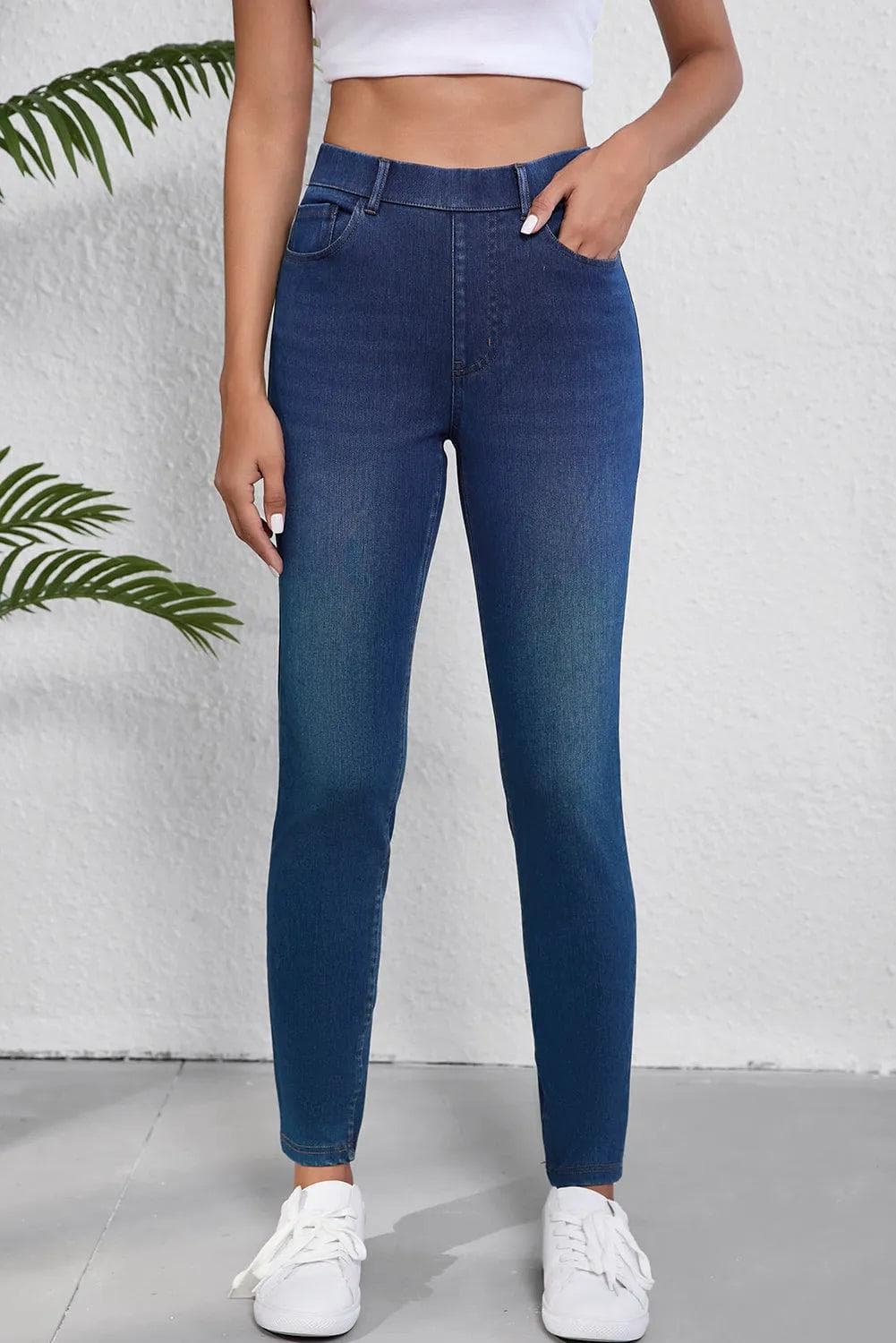 Bottoms/Jeans Ashleigh Blue / S / 47%Polyester+42%Cotton+11%Elastane Ashleigh Blue Multiple Pockets Straight Leg Washed Stretchy Knit Casual Jeans