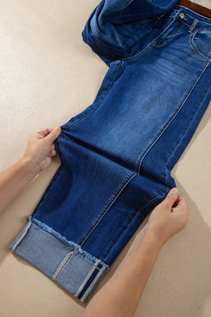 Sail Blue Raw Hem Turnup Loose Ankle-length Jeans