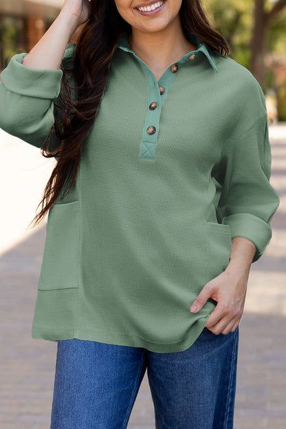 Smoke Green Waffle Long Sleeve Collar Half Button Loose Top