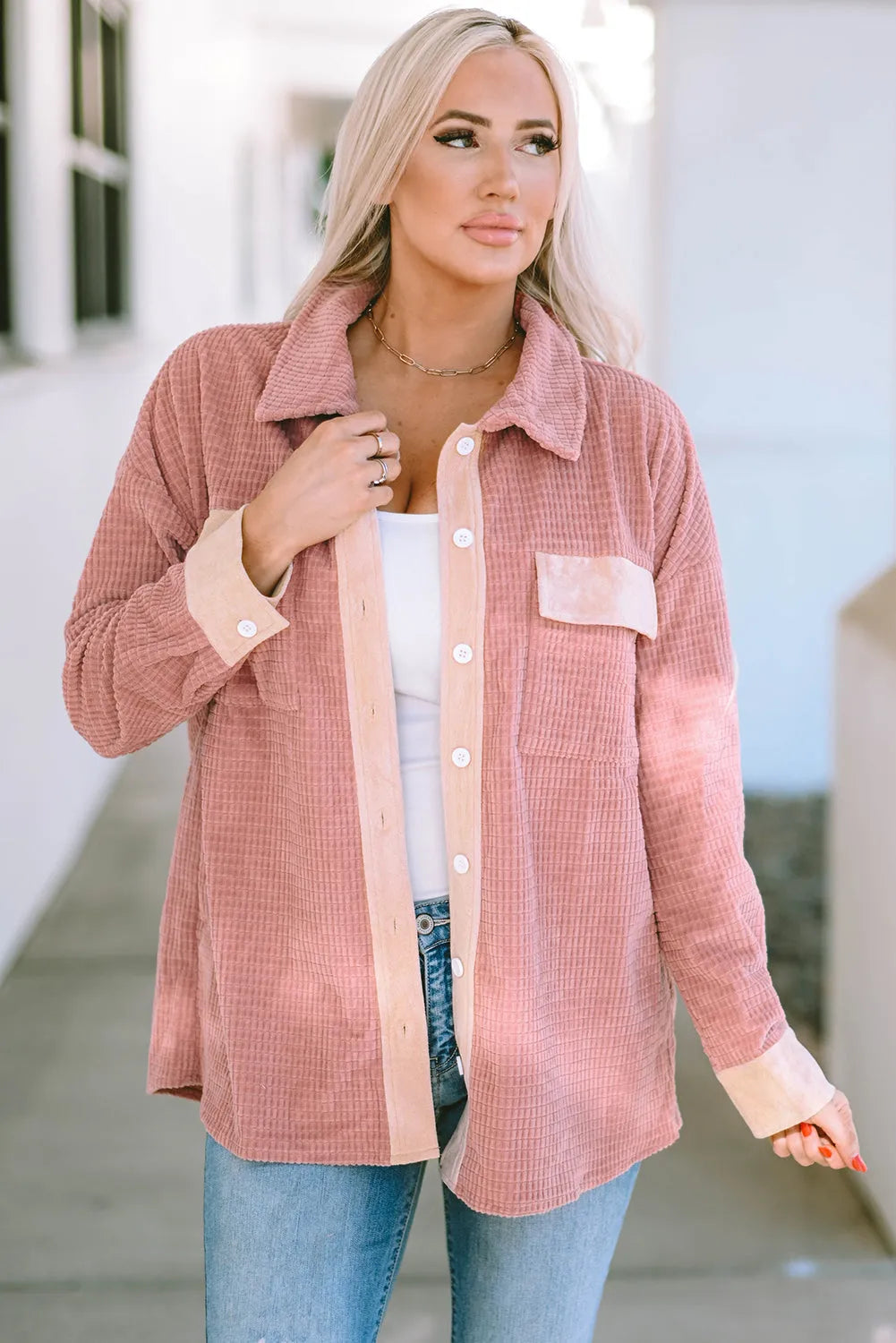 Peach Blossom Flap Pockets Drop Shoulder Textured Shacket - Chic Meadow Boutique 