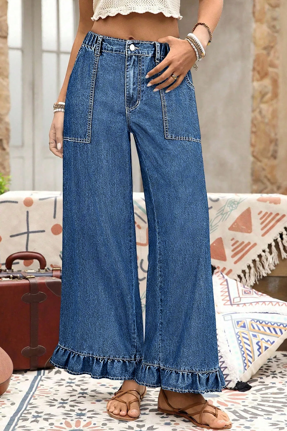 Sail Blue Plus Size Elastic Waist Ruffled Wide Leg Denim Pants