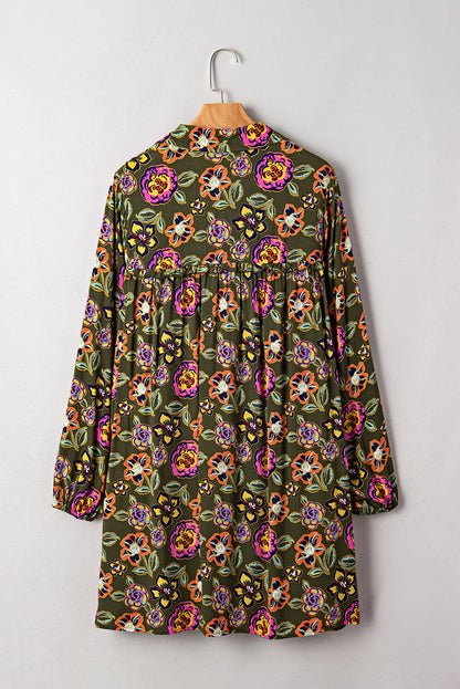 Green Floral Print Split Neck Bubble Sleeve Shift Mini Dress