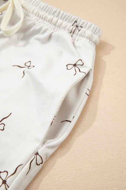 Beige Bow Print Half Zip Tank and Shorts 2pcs Set