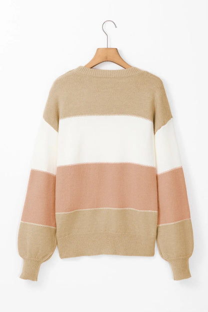 Dusty Pink Color Block Lantern Sleeve Drop Shoulder Sweater - Chic Meadow Boutique 