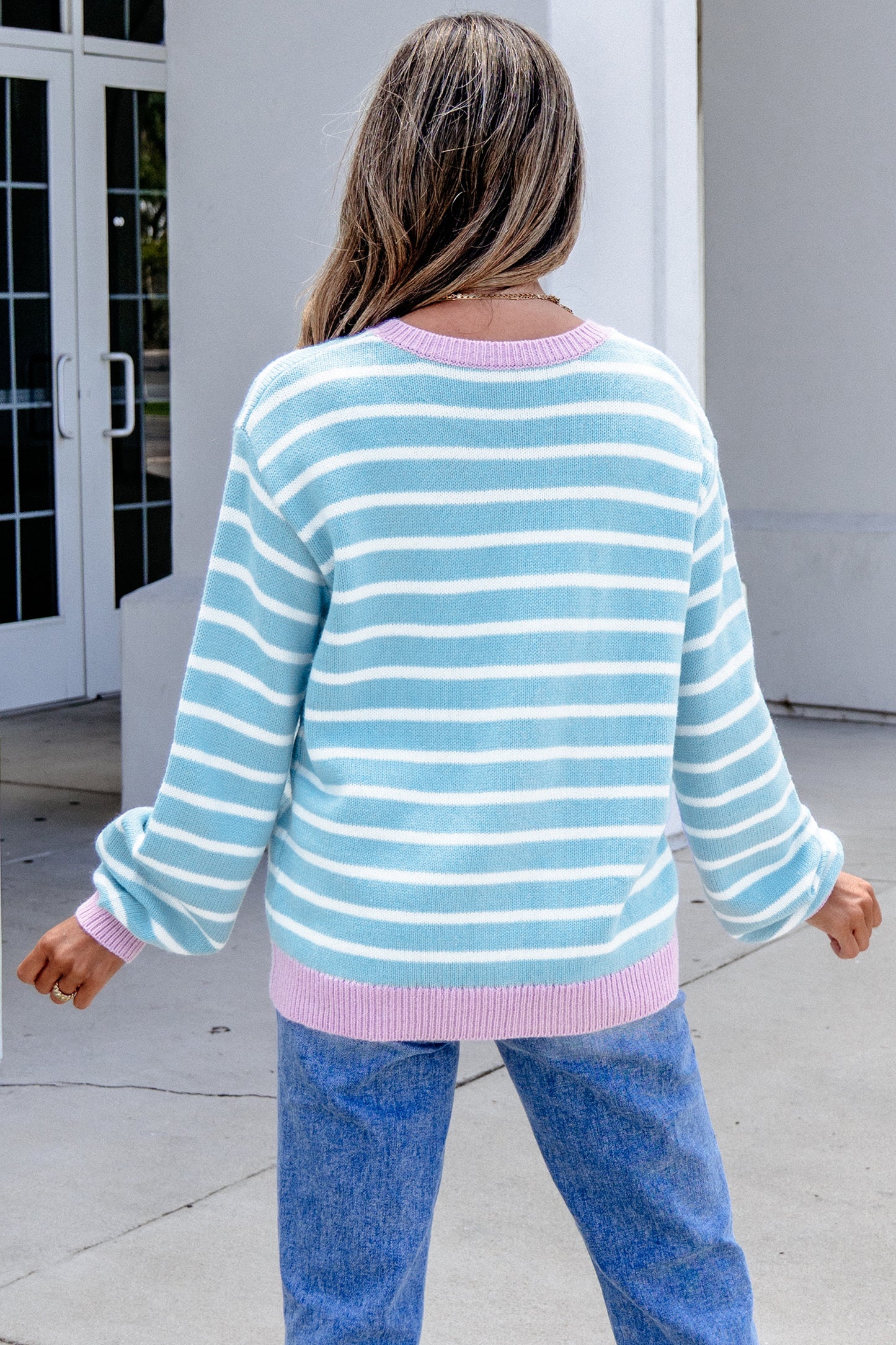 Sky Blue Stripe Striped Long Sleeve Round Neck Casual Open Front Cardigan