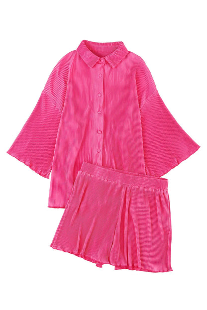 Rose 3/4 Sleeves Pleated Shirt and High Waist Shorts Lounge Set - Chic Meadow Boutique 