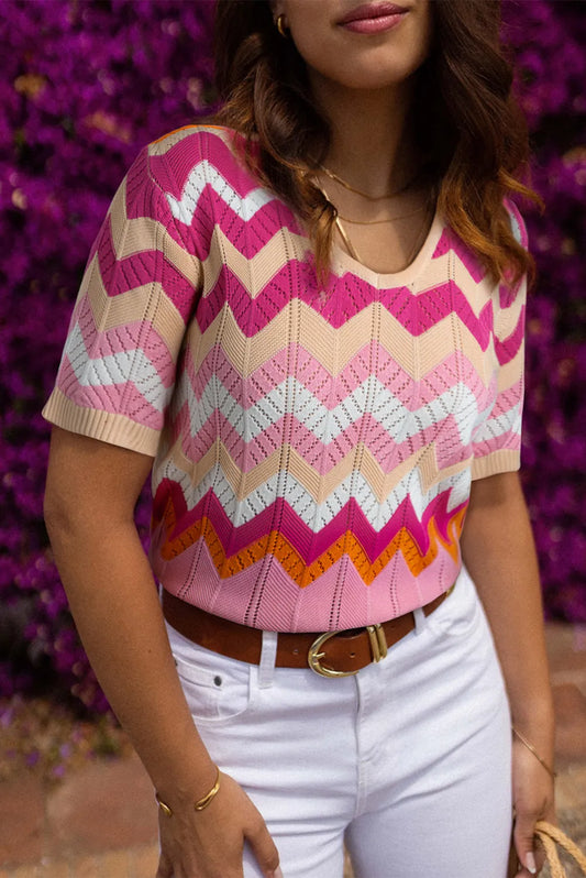 Pink Stripe Chevron Pointelle Knit V Neck Short Sleeve Sweater - Chic Meadow Boutique 