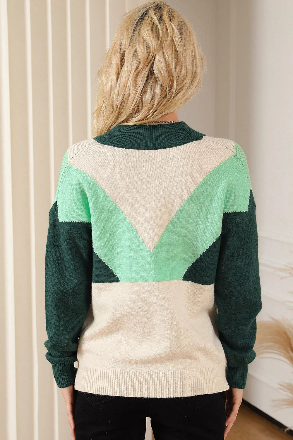 Green Geometric Color Block Knit Button V Neck Sweater - Chic Meadow Boutique 