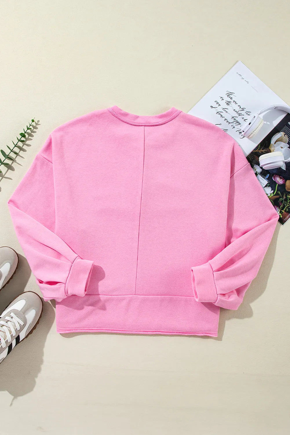 Sachet Pink Solid Color Buttoned Neckline Loose Sweatshirt - Chic Meadow Boutique 