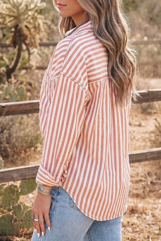 Brown Stripe Western Button Down Long Sleeve Casual Shirt