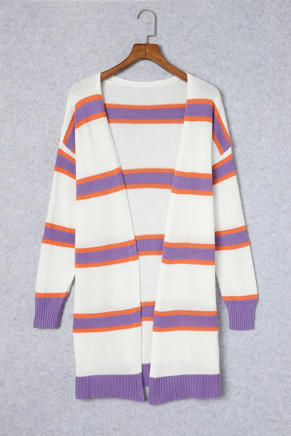 Beige Striped Long Sleeve Ribbed Trim Button Cardigan - Chic Meadow Boutique 