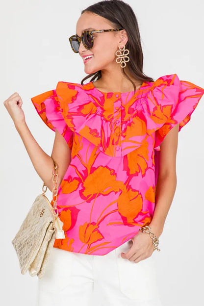 Rose Floral Ruffled Trim Flutter Sleeve Summer Top - Chic Meadow Boutique 