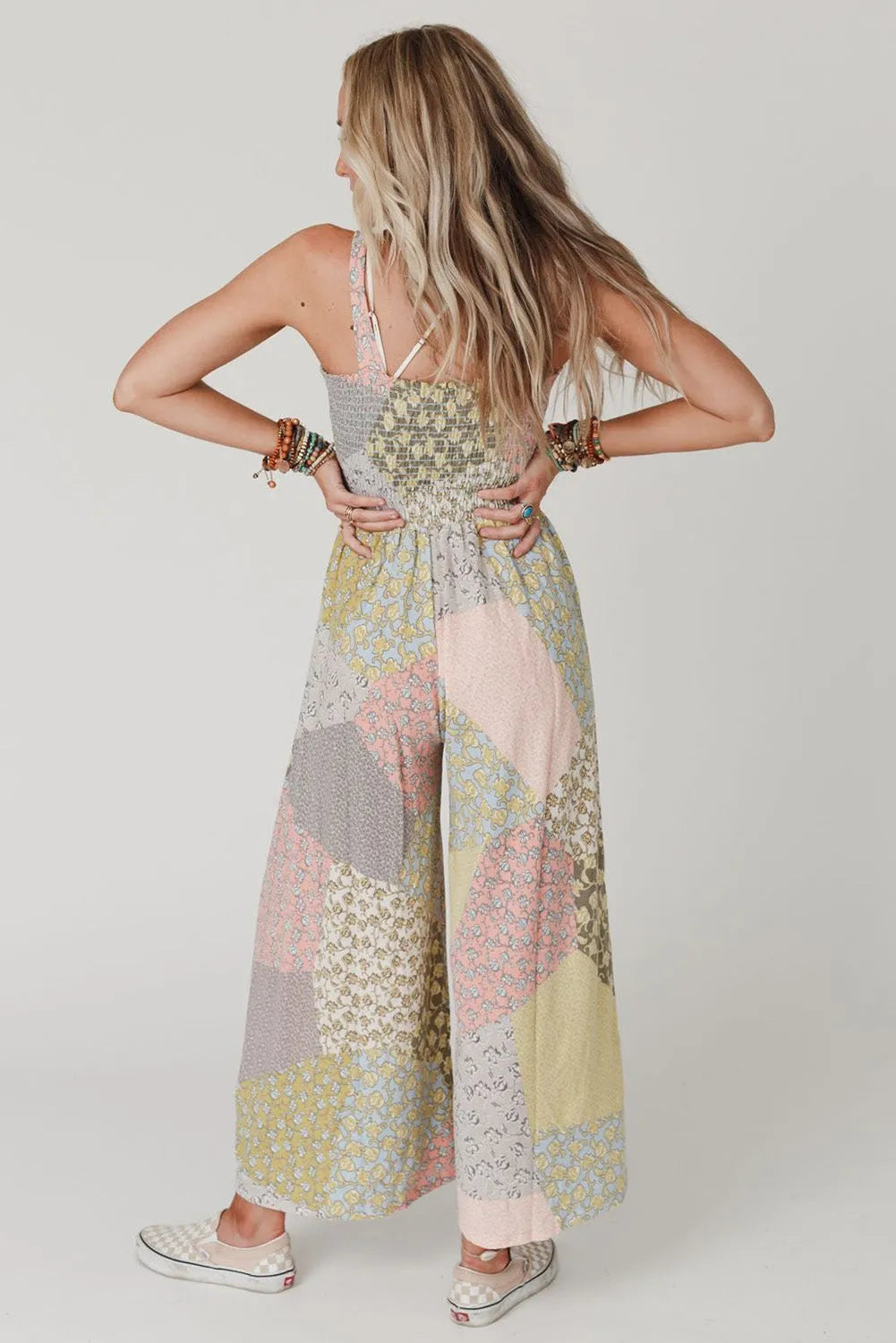 Multicolor Irregular Patchwork Print Smocked Wide Leg Jumpsuit - Chic Meadow Boutique 