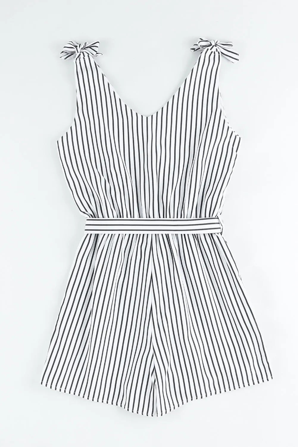 White Striped Print Wrap Sleeveless Romper - Chic Meadow Boutique 