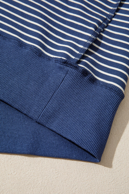 Blue Stripe Ribbed Patchwork Mock Neck Baggy Pullover Matching Shorts Set
