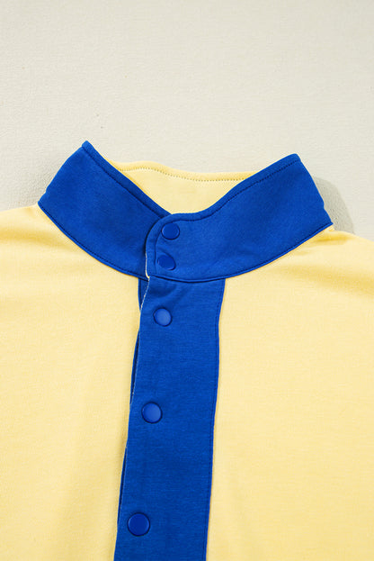 Yellow Color Block Patchwork Half Button Pullover and Shorts 2pcs Outfit