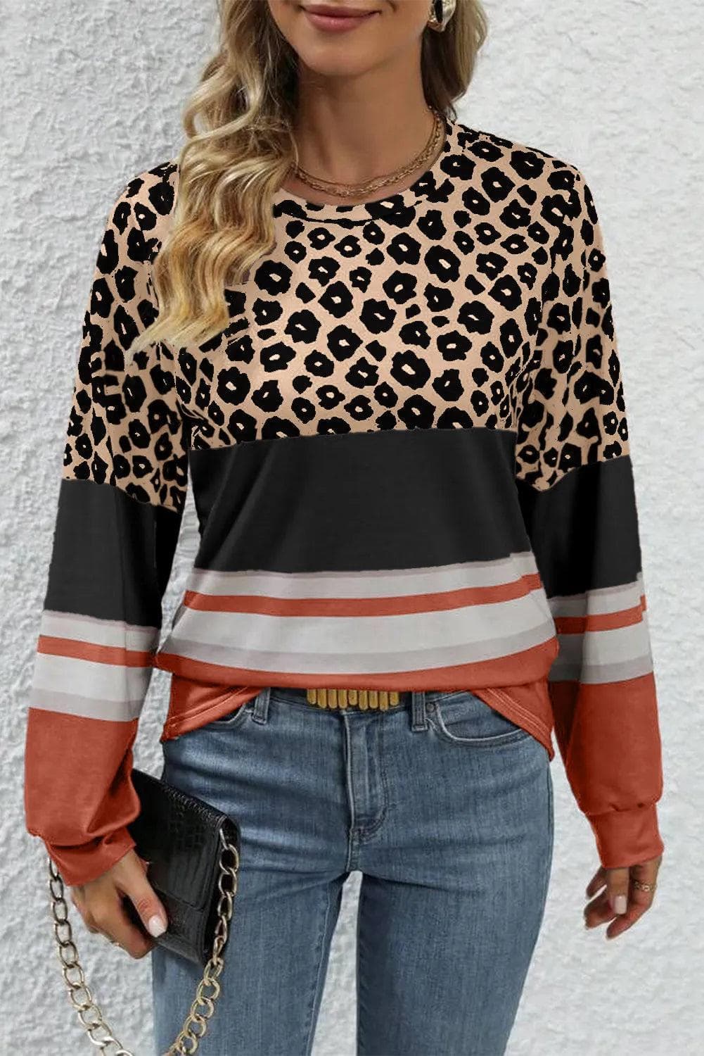 Tops/Long Sleeve Tops Khaki Leopard Color Block Crewneck Long Sleeve Top