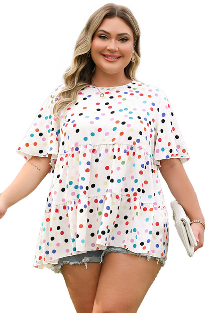 Beige Colorful Polka Dot Print Short Sleeve Ruffled Plus Size Babydoll Blouse