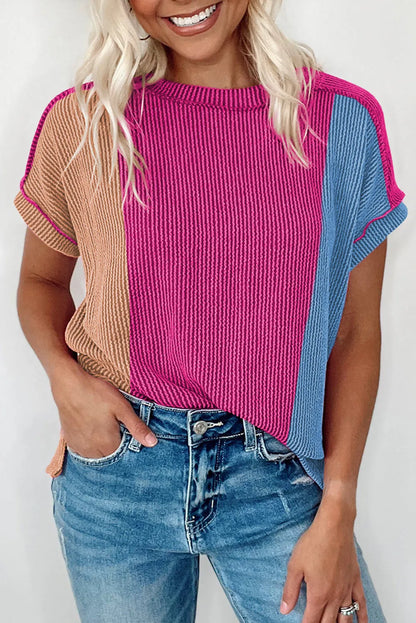 Rose Red Textured Colorblock Crew Neck T Shirt - Chic Meadow Boutique 