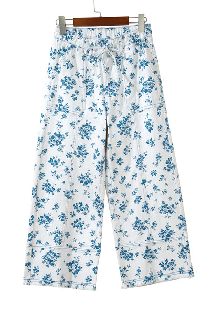 Sky Blue Floral Print Tie Waist Straight Leg Jeans