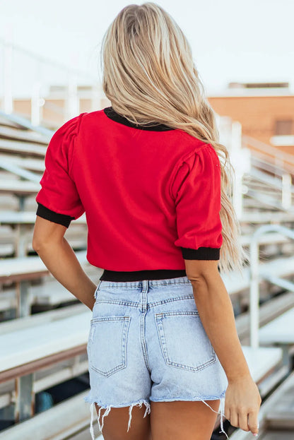 Red Sequin Rugby Color Block Puff Short Sleeve Sweater - Chic Meadow Boutique 