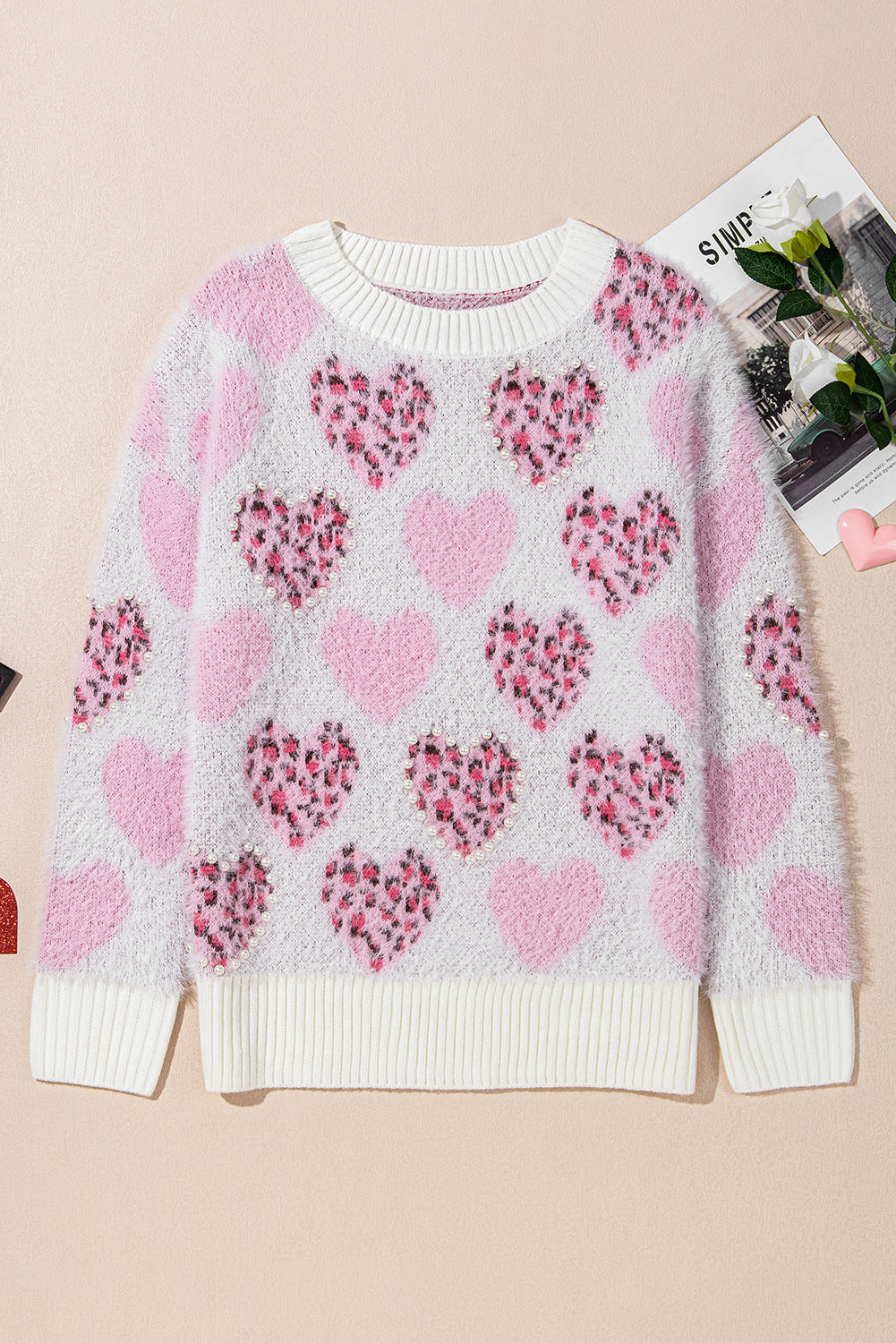 Pink Heart Leopard Print Pearled Ribbed Trim Fuzzy Sweater