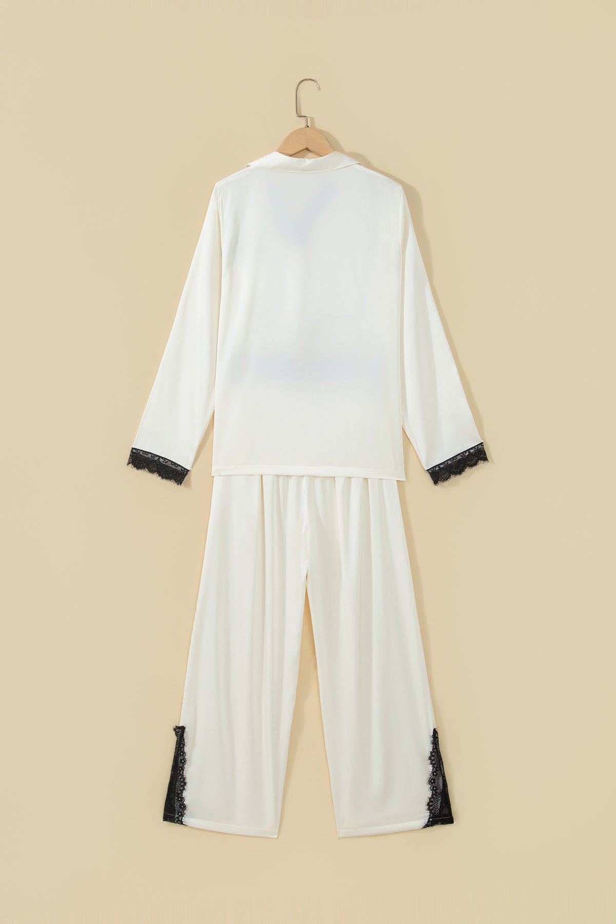 White Long Sleeve Lace Trim Button Front 2pcs Pajama Set
