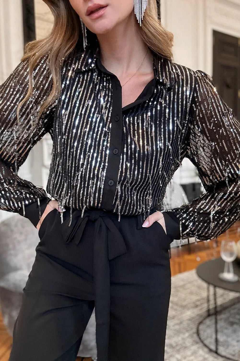 Black Sequin Tasseled Button Up Slim Fit Shirt - Chic Meadow Boutique 