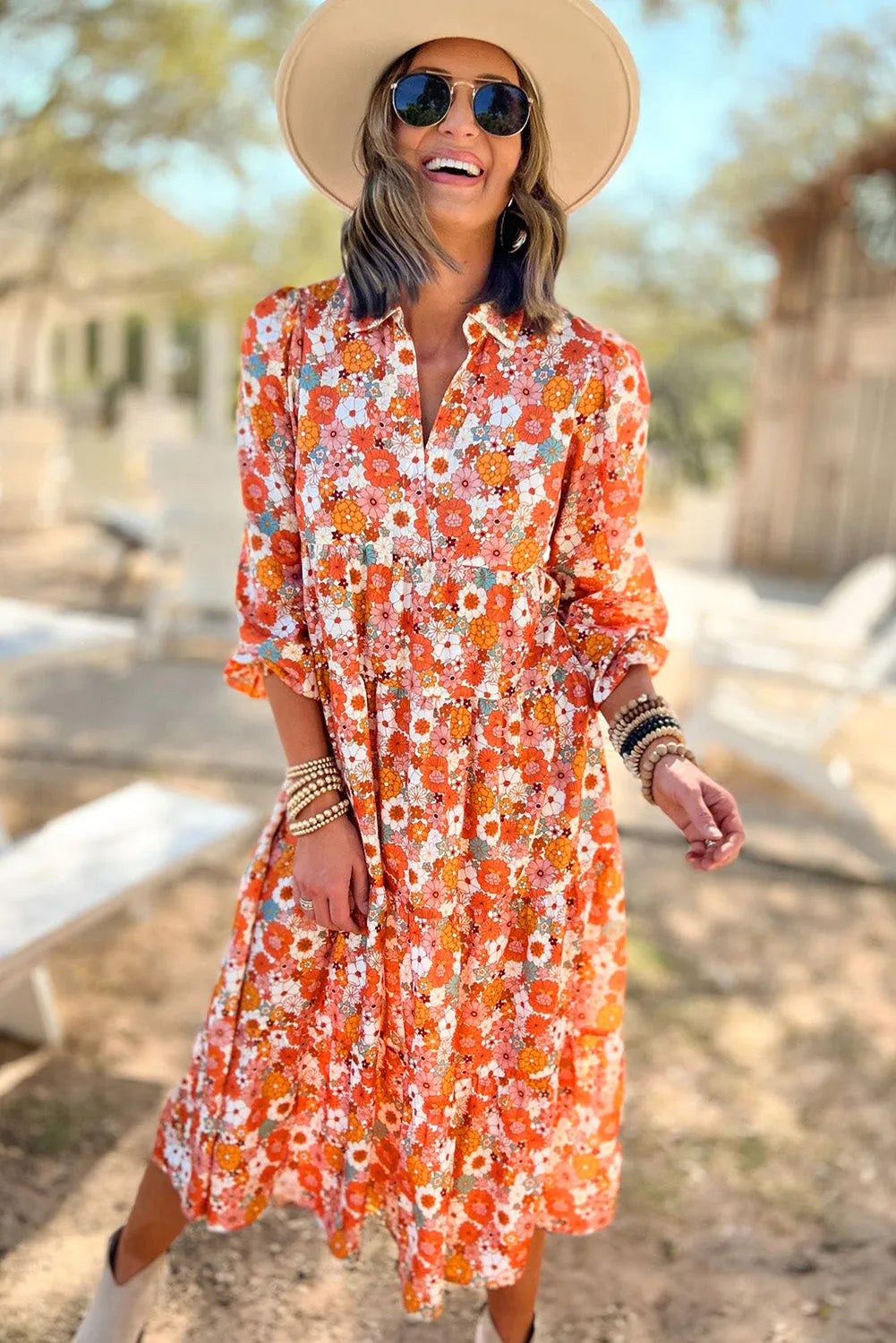 Dresses/Floral Dresses Multicolor Boho Floral Collared Long Sleeve Ruffled Dress