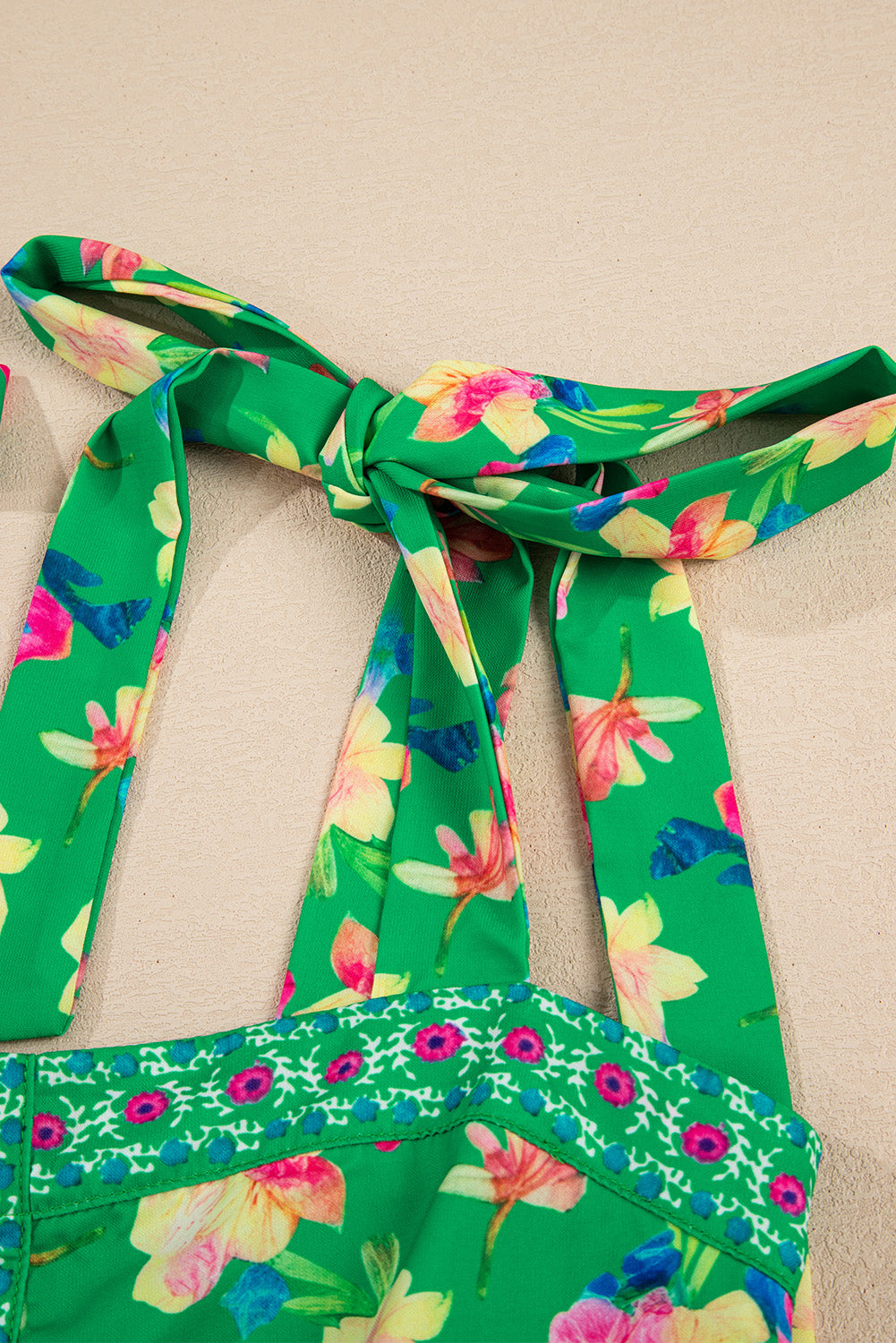 Green Floral Print Contrast Trim Knotted Straps Midi Dress