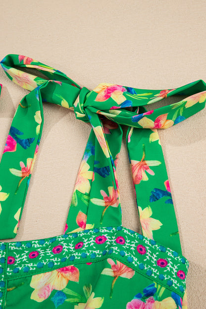 Green Floral Print Contrast Trim Knotted Straps Midi Dress