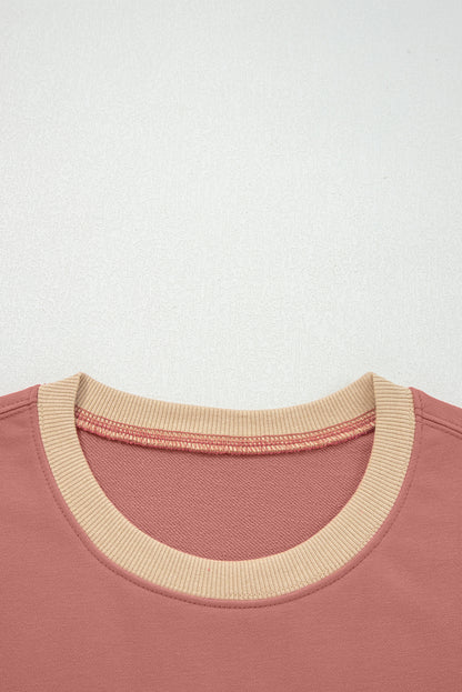 Rose Pink Contrast Star Patchwork Exposed Seam Uneven Hem Drop Shoulder Sweatshirt