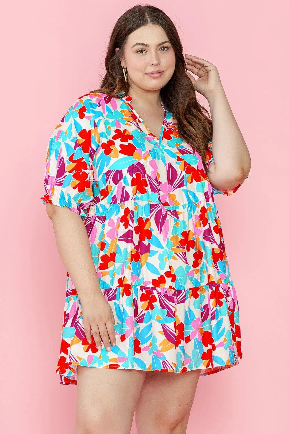 Plus Size/Plus Size Dresses/Plus Size Mini Dresses Multicolour Floral Tiered V Neck Plus Dress