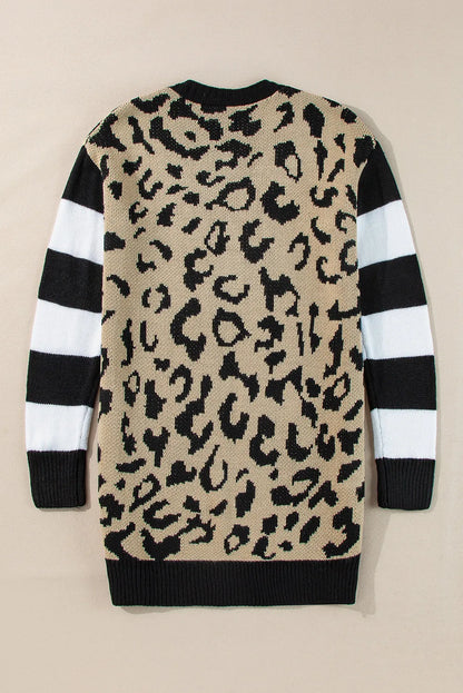 Black Stripe Sleeve Leopard Print Open Front Cardigan With Pockets - Chic Meadow Boutique 