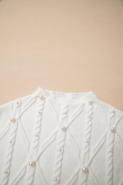 White Pearled High Neck Textured Knit Sweater Vest